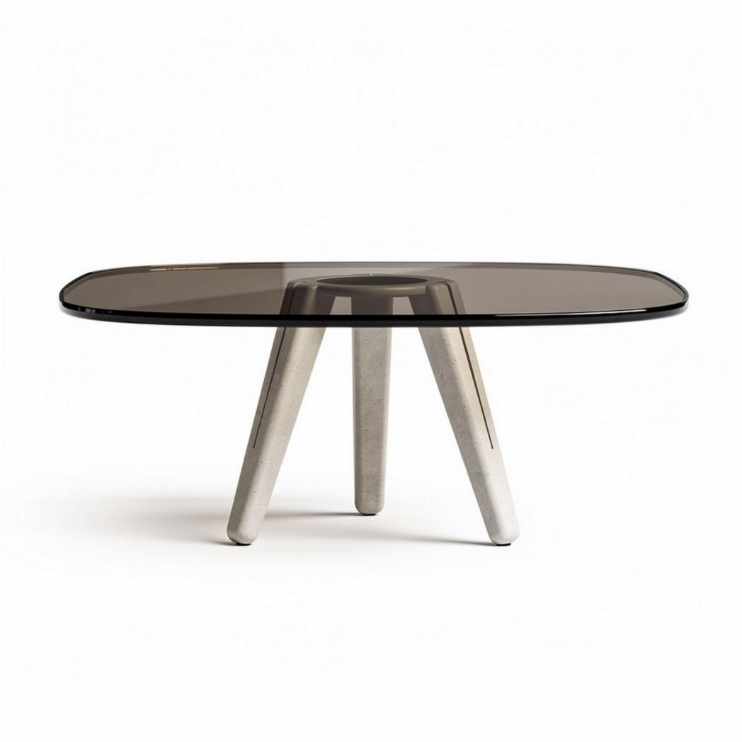 Glass top coffee table with concrete legs in oval shape 100 x 60 x 40cm
