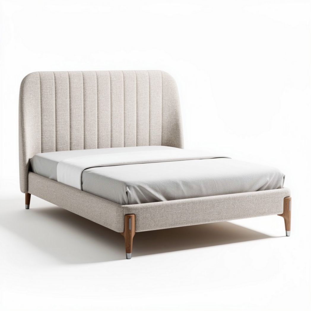 Upholstered platform bed with wooden legs in beige fabric 200 x 160 x 100cm