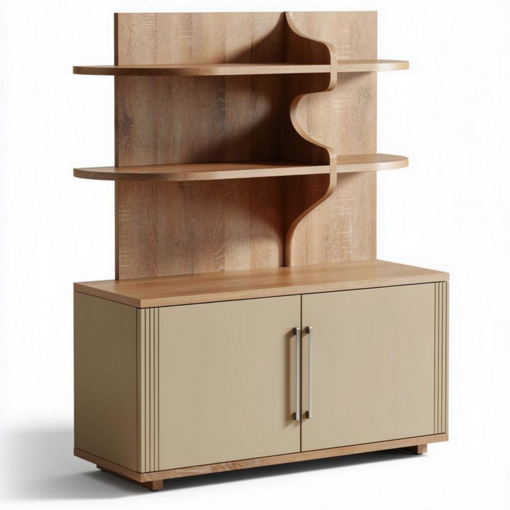 Wooden storage cabinet with open shelves and decorative design 120 x 40 x 160cm