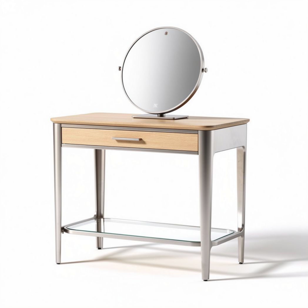 Wooden vanity table with adjustable round mirror and metal legs 80 x 50 x 75cm