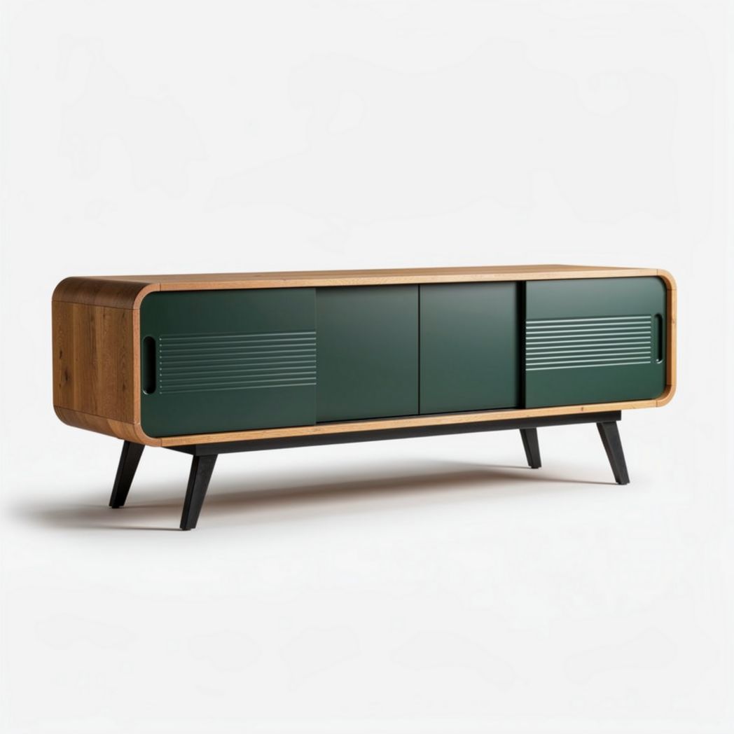 Wooden sideboard with green doors and black legs 160 x 40 x 60cm