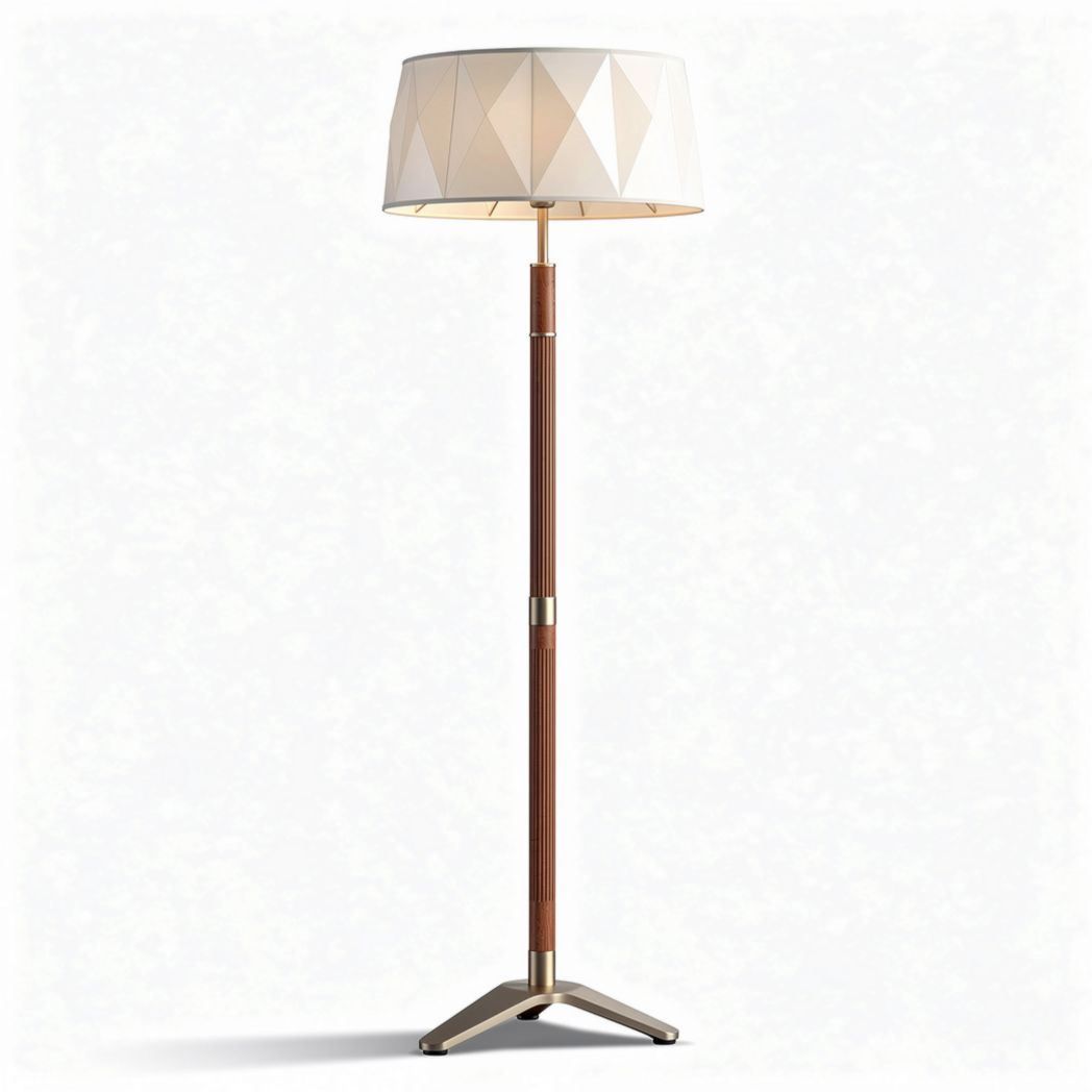 Wooden floor lamp with geometric fabric shade 30 x 30 x 150cm