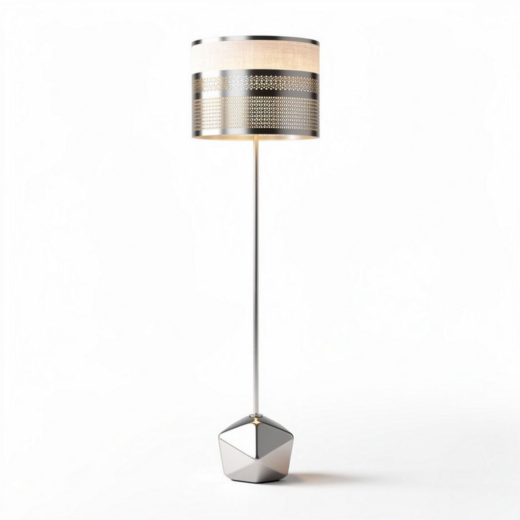 Metal floor lamp with geometric base and fabric shade 30 x 30 x 150cm