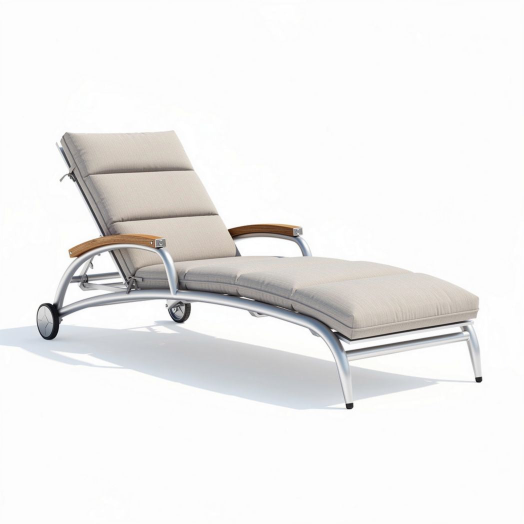 Aluminum chaise lounge chair with beige fabric cushion and adjustable backrest