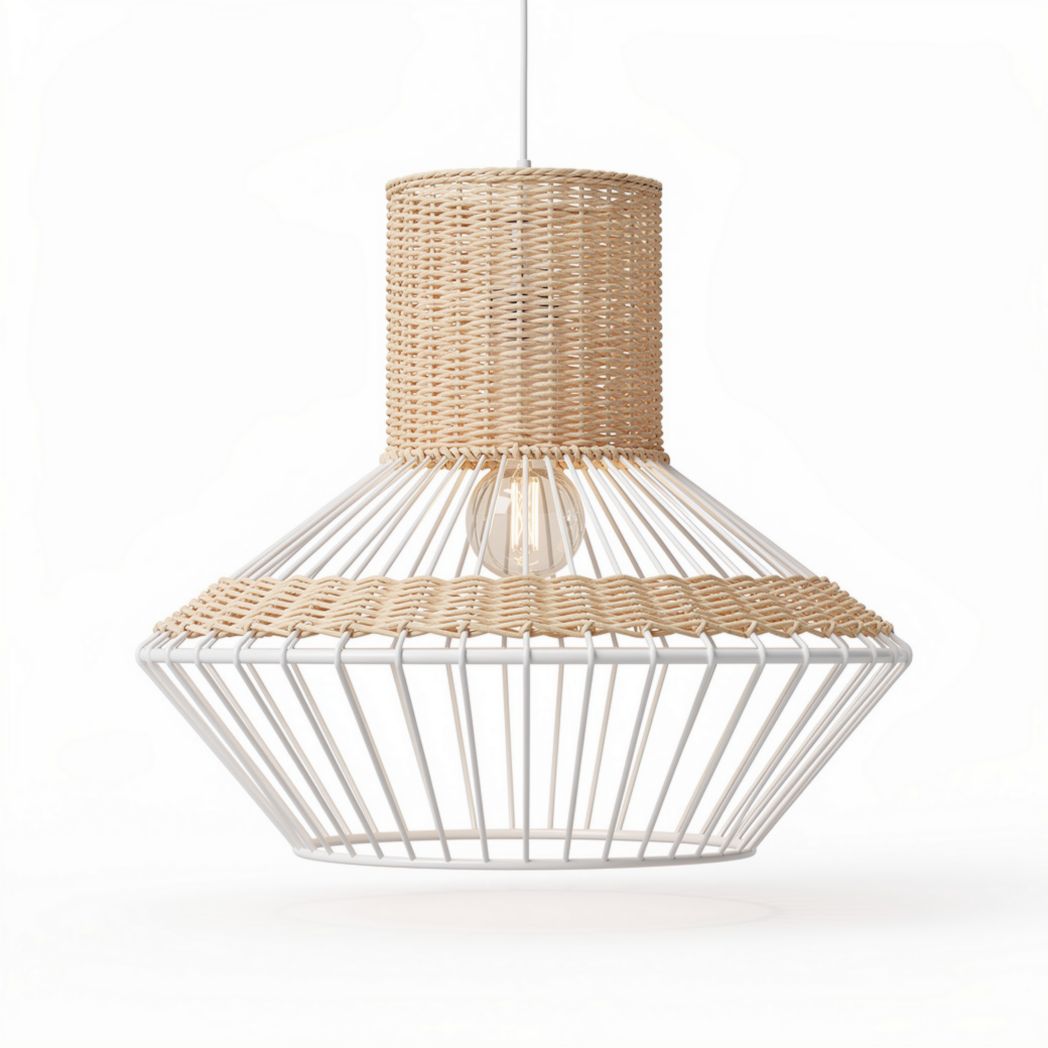 Woven rattan pendant light fixture in natural and white finish 30 x 30 x 25cm