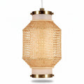 Rattan pendant light fixture with glass shade and brass accents 20 x 20 x 35cm