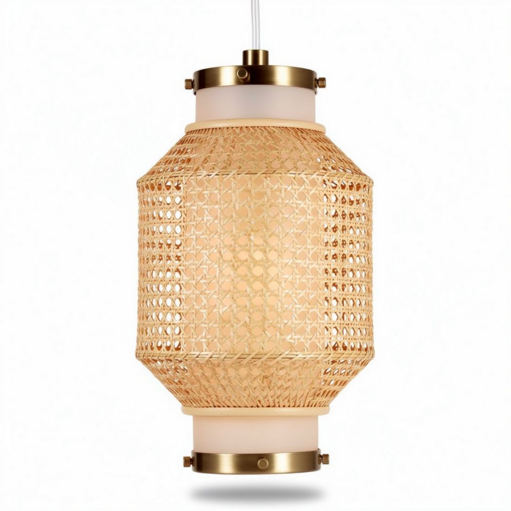Rattan pendant light fixture with glass shade and brass accents 20 x 20 x 35cm