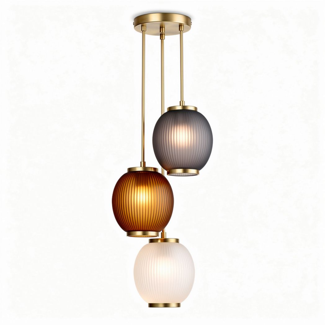 Three pendant light fixture with glass shades in amber gray and white 30 x 30 x 90cm