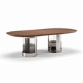 Oval dining table with glass and stainless steel base walnut finish 200 x 100 x 75cm