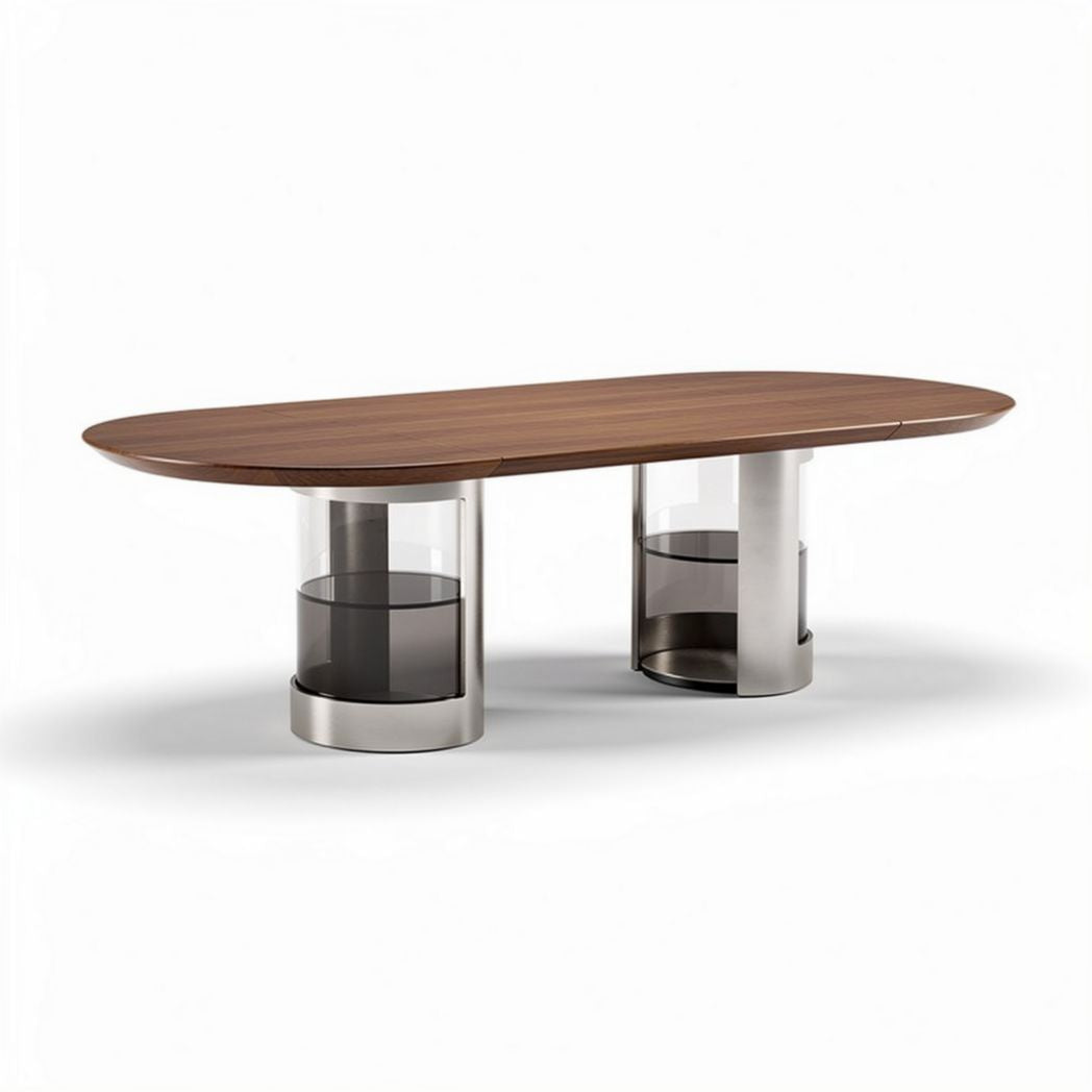 Oval dining table with glass and stainless steel base walnut finish 200 x 100 x 75cm